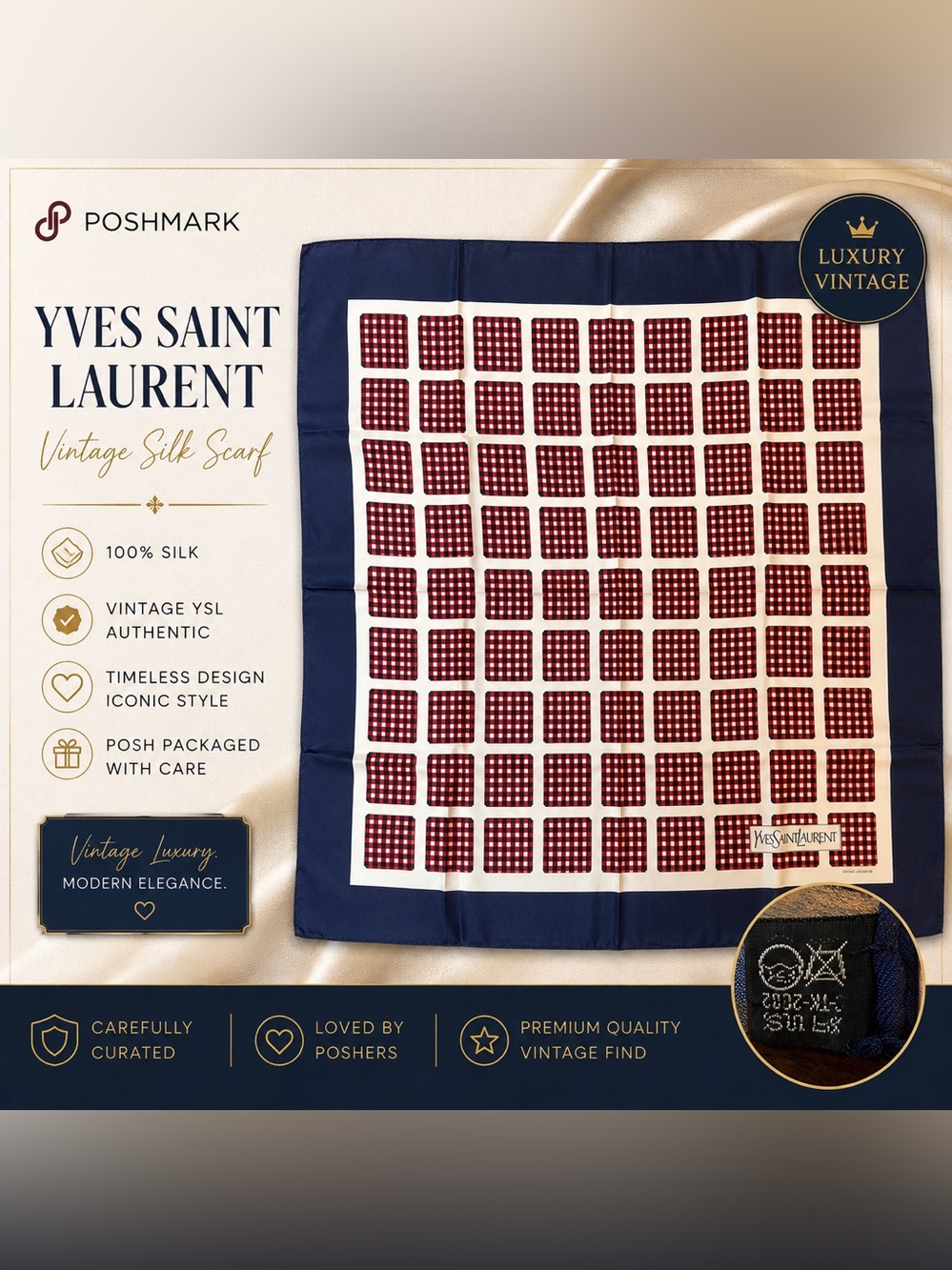 Vintage Yves Saint Laurent Silk Scarf Gingham Square Carré Navy Red - Misprint